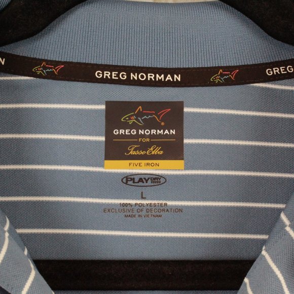 Greg Norman For Tasso Elba Five Iron Blue Striped Golf Polo Collared Shirt Large - Picture 5 of 8